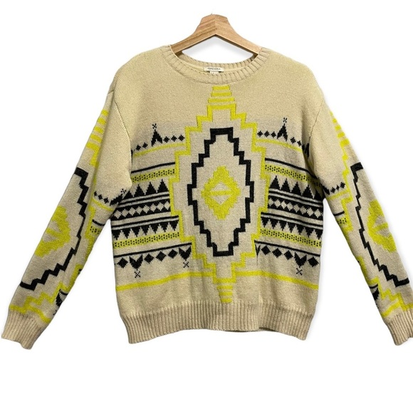 F21 Wool Knit Sweater Long Sleeve Aztec Stitching White Black Yellow Medium - Picture 1 of 10